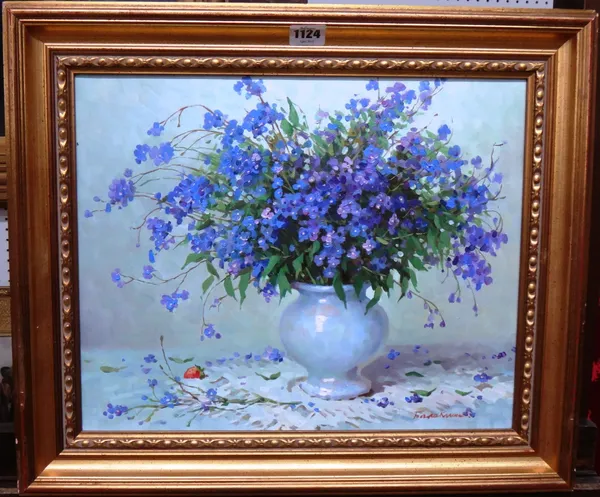 Yeugeny Balakskin (20th century), Still life of forget-me-nots, oil on canvas, signed, inscribed on the reverse, 32cm x 40cm.