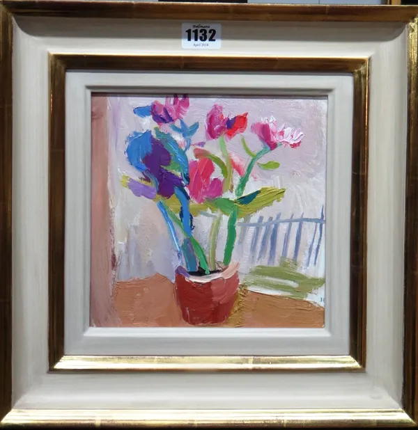 Julian Bailey (b.1963), Flowers in the studio, oil on board, inscribed on reverse, 19cm x 19cm. DDS