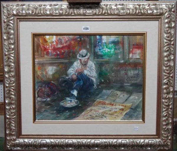Moshe Chausky (b.1935), The street artist, oil on canvasboard, signed, 40cm x 50cm. DDS