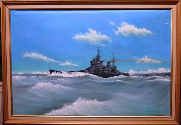 B. G. Curry (20th century), Battleship, oil on canvas, signed and dated 1985, 60cm x 90cm.