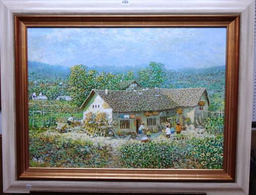 Li Fanglin (20th/21st century), A Chinese farm, oil on canvas, signed with monogram, 54cm x 75cm.