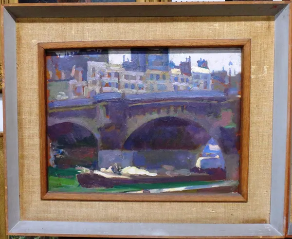 A. B. Solomon (20th century), The Gardens at Versailles; Paris Street scene; Paris: The Pont Neuf, three, oil on panel, inscribed on labels verso, two