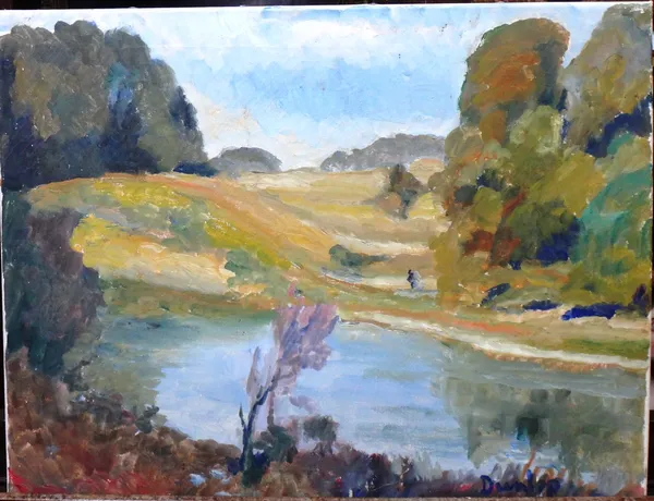 Ronald Ossory Dunlop (1894-1973), Lake landscape, oil on canvas, signed, unframed, 35cm x 45.5cm. DDS