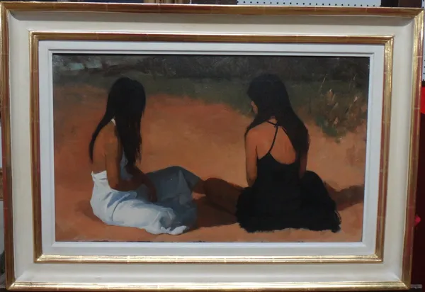 Neale Worley (b.1962), Two sisters, oil on canvas, signed and dated 2010 on reverse, 29cm x 49cm. DDS
