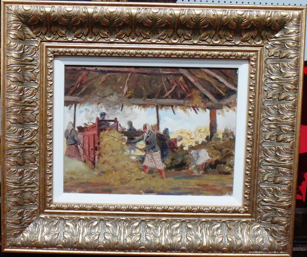 Kharis Khaidarov (20th century), Figures threshing in a barn, oil on board, indistinctly signed, with a further oil of a female figure verso, 18cm x 2