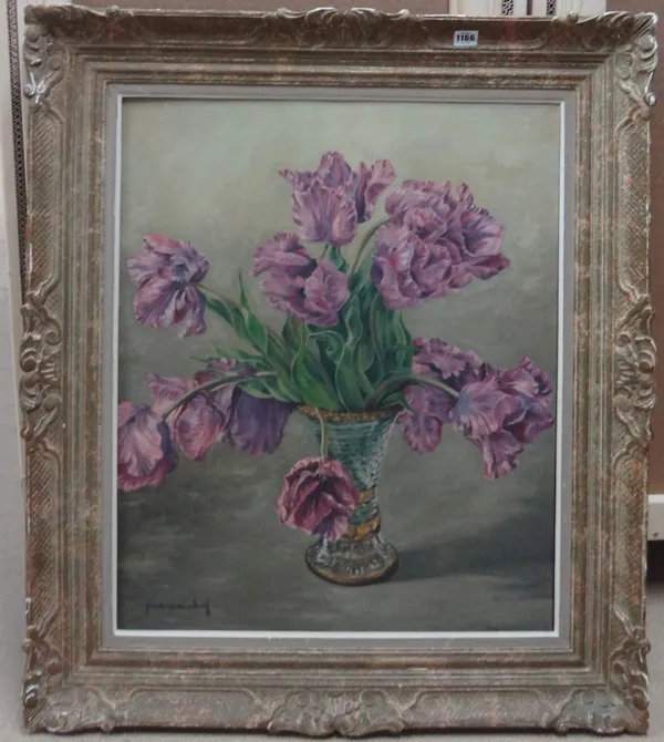 Pierre Michel (20th century), Still life of purple tulips, oil on canvas, signed, 71cm x 59cm.