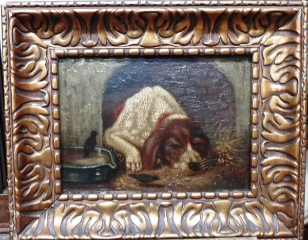 Jules Marie Auguste Leroux (1871-1954), Sleeping dog, oil on panel, signed, 17cm x 22.5cm. DDS