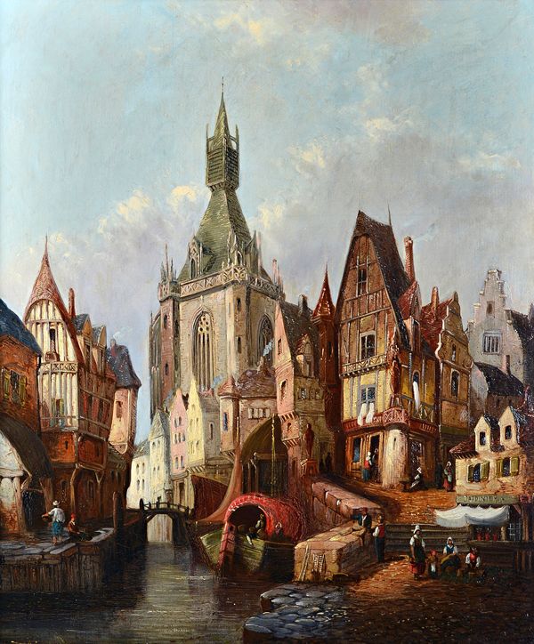 Hermann Schäfer (b.1880), Continental street scenes, a pair, oil on canvas, both signed, each 75cm x 63cm. (2)  Illustrated