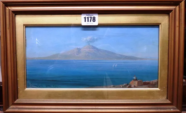 Andrea Cherubini (19th century), Vesuvius from Capri, oil on board, signed, inscribed and dated 1894, 13cm x 25cm.