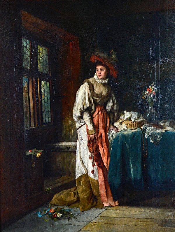 Continental School (19th century), A lady in medieval dress gazing through a window, oil on canvas, 72cm x 54cm.  Illustrated