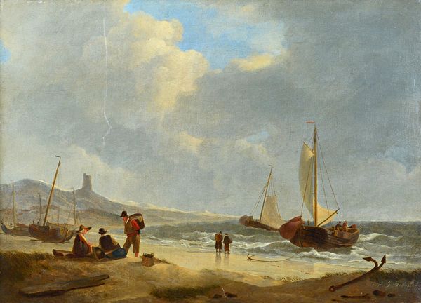 Dutch School (19th century), Coastal scenes with figures and boats on the foreshore, oil on canvas, indistinctly signed, 35cm x 49cm.  Illustrated