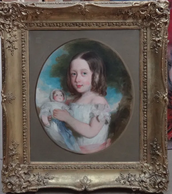 English School (19th century), Portrait of a young girl, said to be Caroline Morgan Bazeley, with a doll, oil on canvas, in a feigned oval, 60cm x 50c