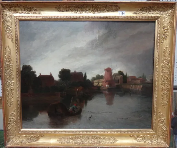 Continental School (early 19th century), River scene with fisherman bringing in his catch, a windmill beyond, oil on canvas, 52cm x 63cm.