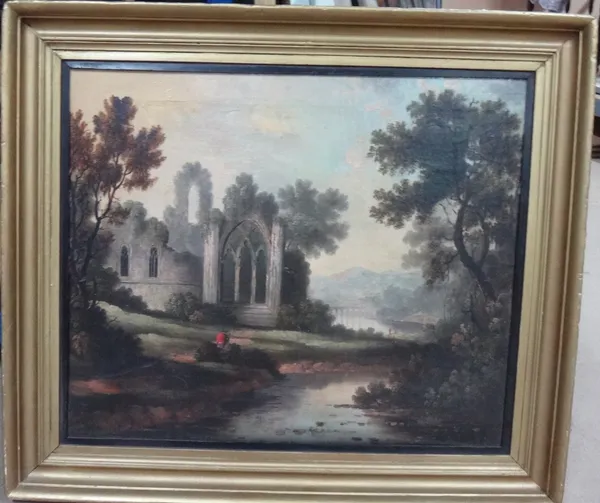 English School (early 19th century), A river landscape with a ruined abbey, oil on canvas, 48cm x 57cm.