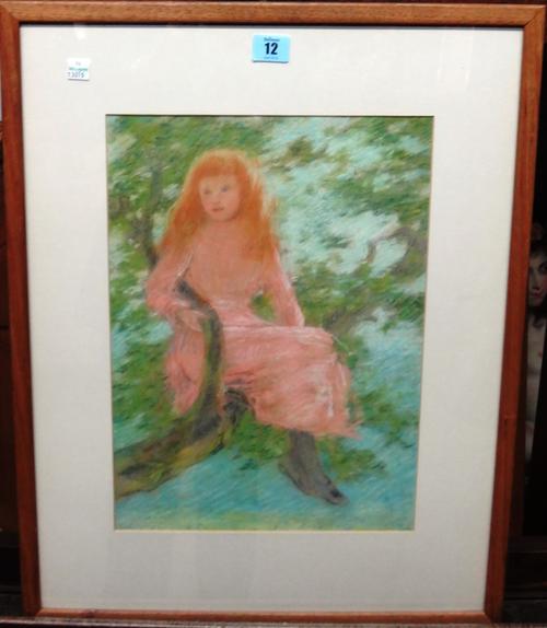 Robert Little (1854-1944), A girl seated on a branch in a tree, pastel, signed with initials, 39cm x 27.5cm.  M1