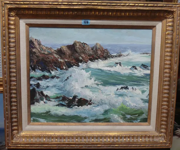Larry Steelman (20th century), Rocky coastal scene, oil on canvas, signed, 39cm x 50cm.  G1