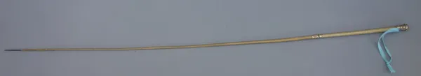 A Continental whip, circa 1900, with gold and turquoise hardstone mounts (a.f), 82cm long.