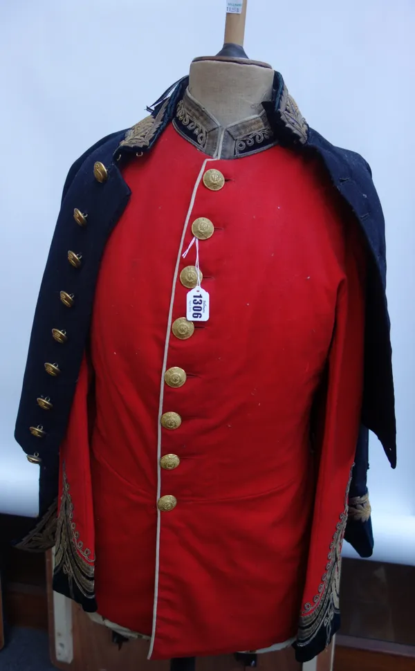 Two late 19th/early 20th century regimental coats, a red military coat and a black cutaway naval dress coat with gold braid decoration to the cuffs, c