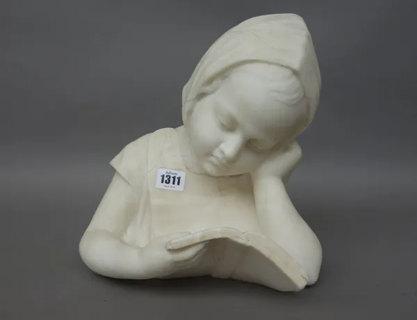 An Italian alabaster bust, early 20th century, depicting a young girl leaning on her left elbow whilst reading a book, 28cm high.