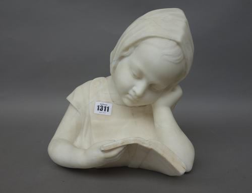 An Italian alabaster bust, early 20th century, depicting a young girl leaning on her left elbow whilst reading a book, 28cm high.