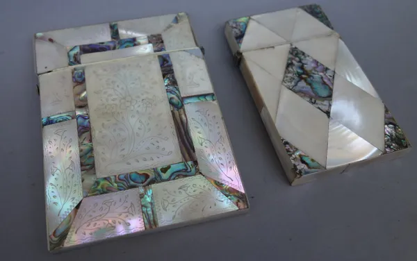 A Victorian foliate engraved mother-of-pearl and abalone shell inlaid visiting card case, 10.5cm high, and another similar smaller visiting card case,