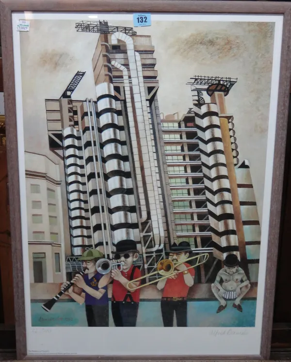 Alfred Daniels (1924-2015), A band playing in a cityscape, colour reproduction, signed and numbered 36/500, 60cm x 45cm.  F1