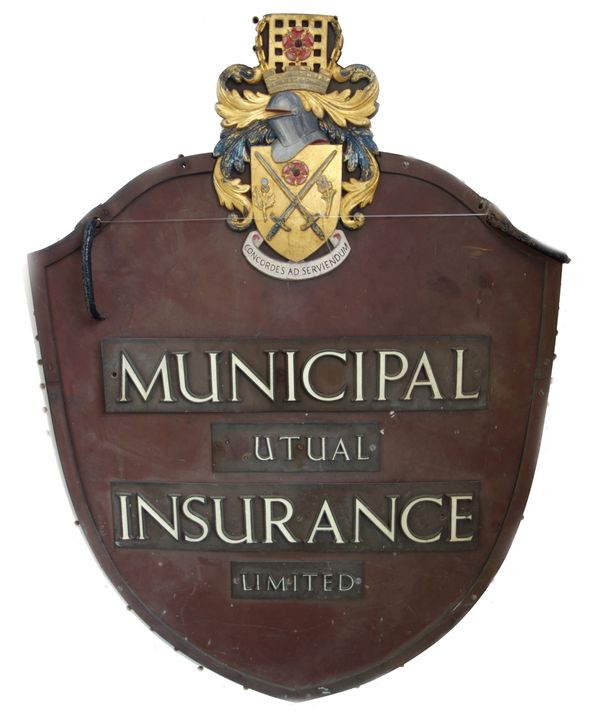 Municipal Mutual Insurance; a metal and enamel decorated hanging double sided sign, of shield form, with gilt heraldic crest surmount, 70cm high.