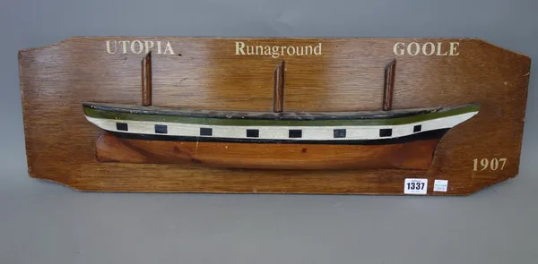 Five painted wooden half block ships remembrance plaques, titled 'Lynn capsized Exeter 1897', 'Rose lost by fire 1877', 'Comet runoground Exeter 1903'