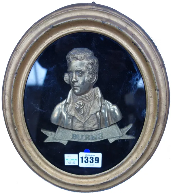 A gilt brass bust plaque titled 'Burns', early 20th century, in an oval gilt metal frame, 25cm high, and three similar gilt brass framed plaques, (4).