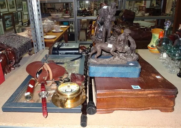 Collectables, including; faux bronze model of a woman, cased binoculars, part canteen of flatware, cased compass, and sundry, (qty)  S3M