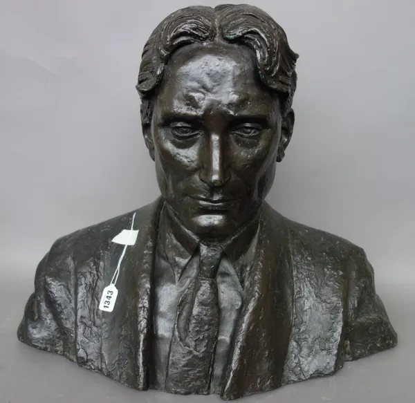A patinated bronze bust of a gentleman, mid-20th century, modelled in a shirt and tie, unsigned, 47cm high.