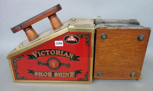 A Kiwi 'Victorian Shoe Shine' portable brass, mahogany and leather cleaning box by the 'Traditional Victorian Shoeshine Co', 59cm wide, and two faux l