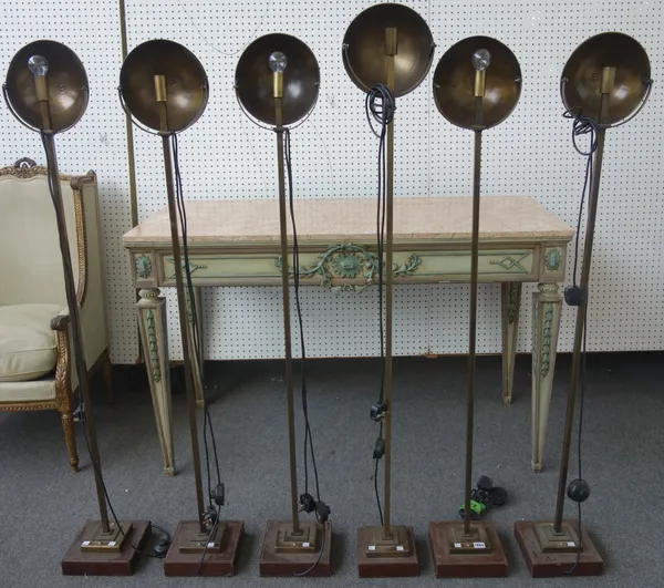 A matched set of six Art Deco style patinated metal standard lamps, modern, each with circular concave adjustable shade over a square tubular stem, st