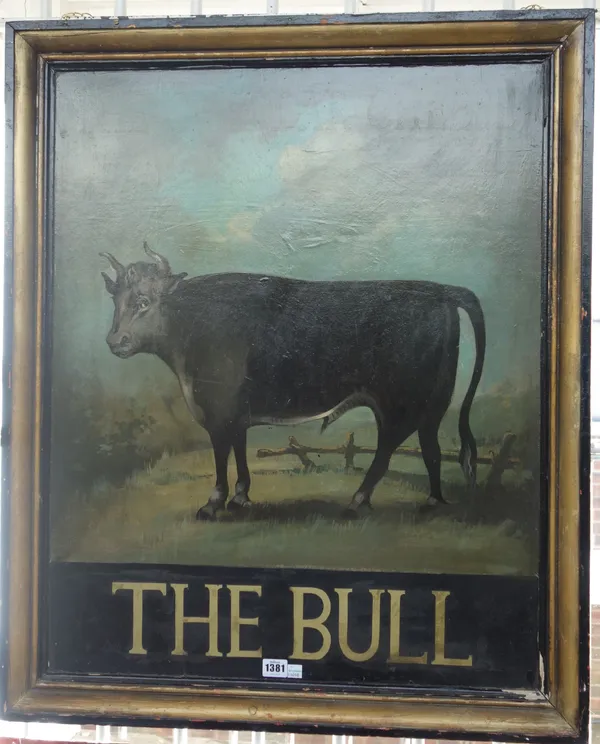 A Victorian style pub sign, 'The Bull', 20th century, in an ebonised wooden frame, 88cm x 72cm x 8cm.
