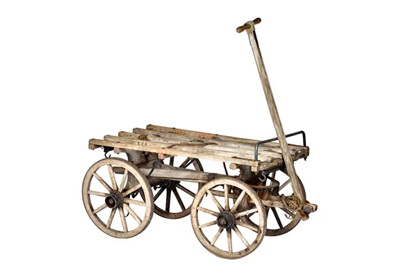 An antique wood and wrought iron pull cart, with front axle and T-bar steering handle, the top 110cm x 65cm.  Illustrated