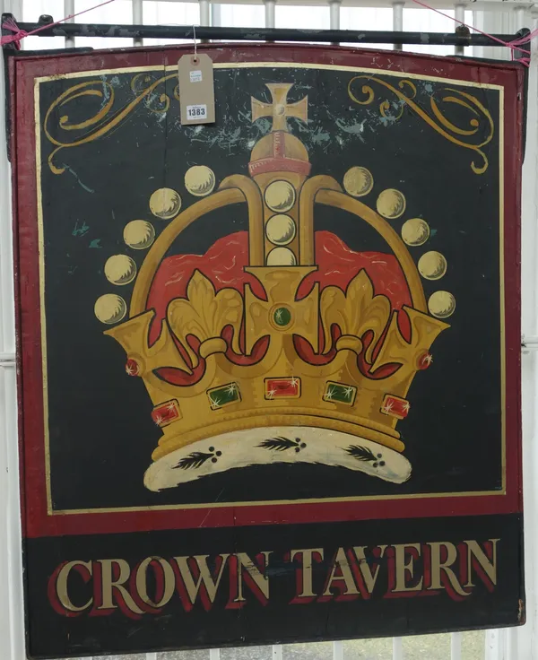A Victorian style painted wooden double sided pub sign, 'Crown Tavern', with a metal swing frame mount, 95cm x 81cm.