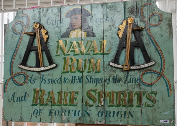 A Victorian style polychrome painted wooden sign, 'Captain Cooks Naval Rum & Rare Spirits', 122cm x 84cm.