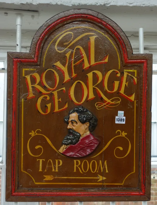 Three Victorian style polychrome painted wooden pub signs, 20th century, 'Royal George', 'Victoria Tavern' and 'Crown Tavern', 60cm x 45cm, (3).