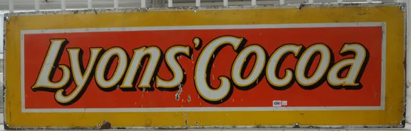 Five early 20th century enamel advertising signs, comprising; 'Lyons Cocoa' (152cm x 46cm), 'Bateys' (77cm x 50cm), 'Rito Roof Repairs' (61cm x 61cm),
