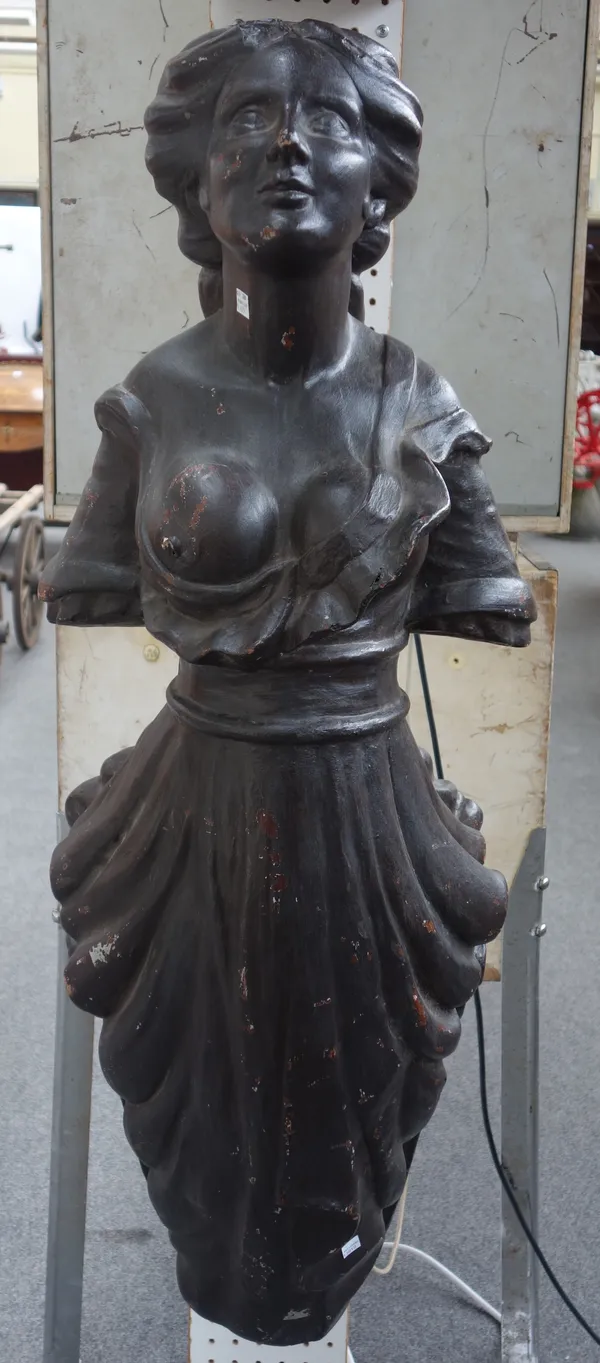 Two 18th century style ship's figureheads, modern, wood effect fibreglass, each depicting a lady with her breasts bared, 110cm high, (2).
