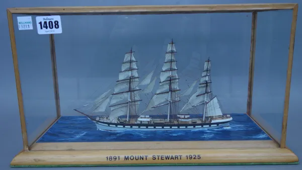 A painted wooden scale model ship, titled to the glazed case '1891 Mount Stewart 1925', 39cm wide, and one further scale model diorama, in a glazed ca