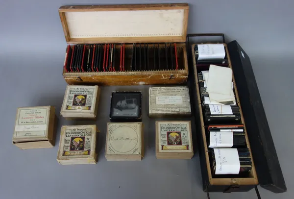 A quantity of three inch glass magic lantern slides and negatives, including; Babes in the wood, Three Bears, Dick Whittington, Air Ships and sundry,