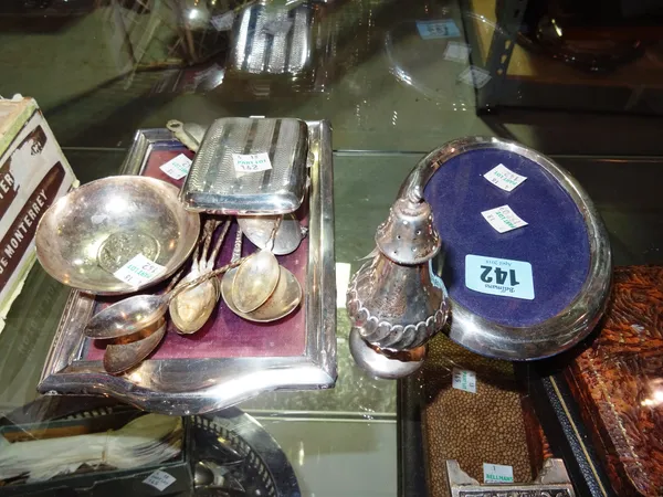 Silverware, including; two picture frames, a small bowl, a cigar case, a pepperette and teaspoons, (qty).  CAB