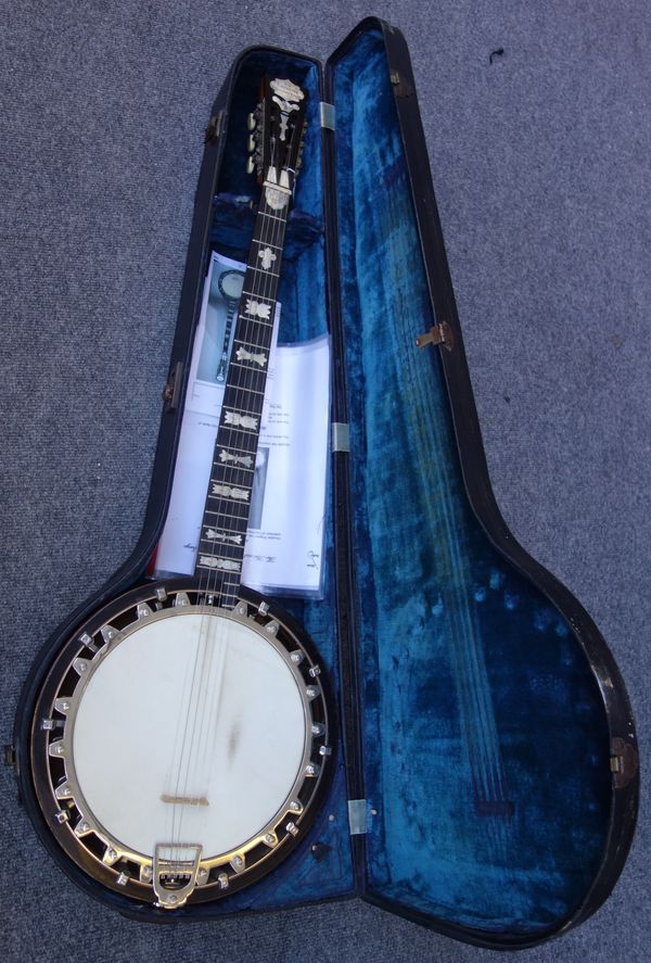 A Cammeyer Vibrante Royal banjo, circa. 1930, stamped to the headstock 5455257 and to the side of the neck, 'Alfred. D. Cammeyer', with mother-of-pear