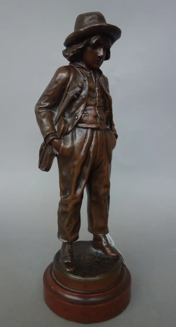 A French patinated bronze figure, early 20th century, signed 'Garmier', with foundry marks, depicting a young male violinist on a circular stepped mar