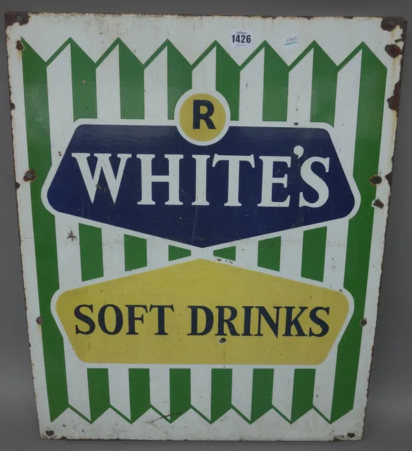 A vintage 'R.Whites Soft Drink' enamel sign (64cm x 52cm), a 'Lyons Cakes' enamel sign, (44cm wide) and a circular metal 'NO WAITING' road sign (51cm