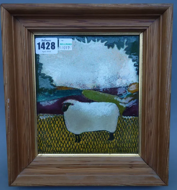 Beryl Turpin; an enamel plaque, late 20th century, limited edition 6/10, depicting a stylised sheep against a landscape, framed, the plaque 17cm x 14c