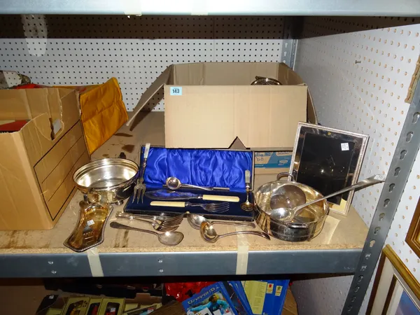 Silver plated wares, including; cased flatware, tureens, small picture frames and sundry, (qty).  S4M