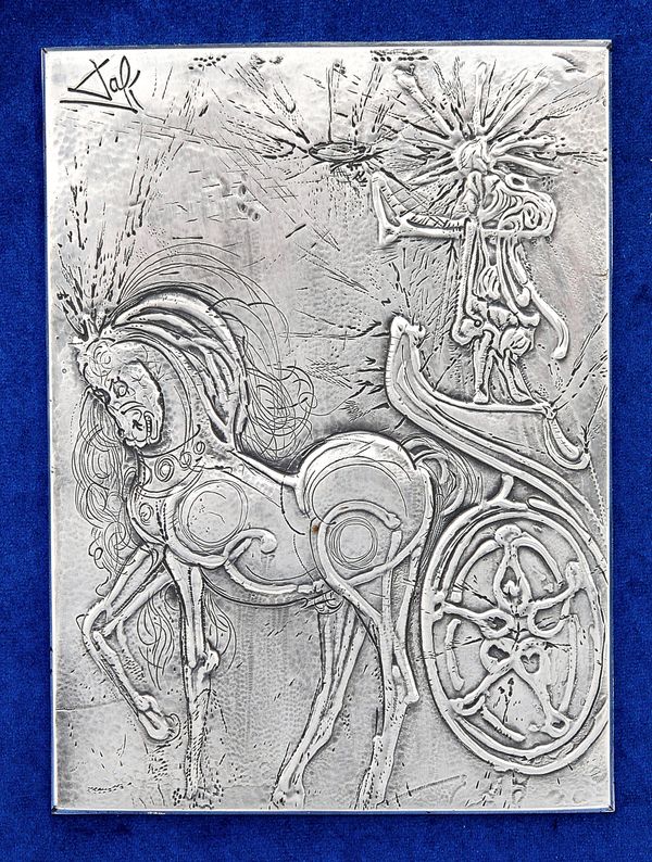 Salvador Dali, (Spanish 1904-1989),'The Horse and Triumph', embossed white metal, Limited Edition 002/999, boxed and with certificate, plaque 22.5cm x