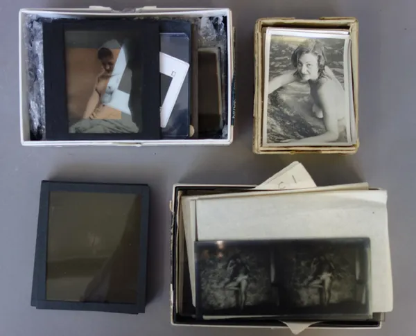 A quantity of magic lantern slides and glass photographic plates, late 19th century and early 20th century, nude and erotica, naturalistic and interio